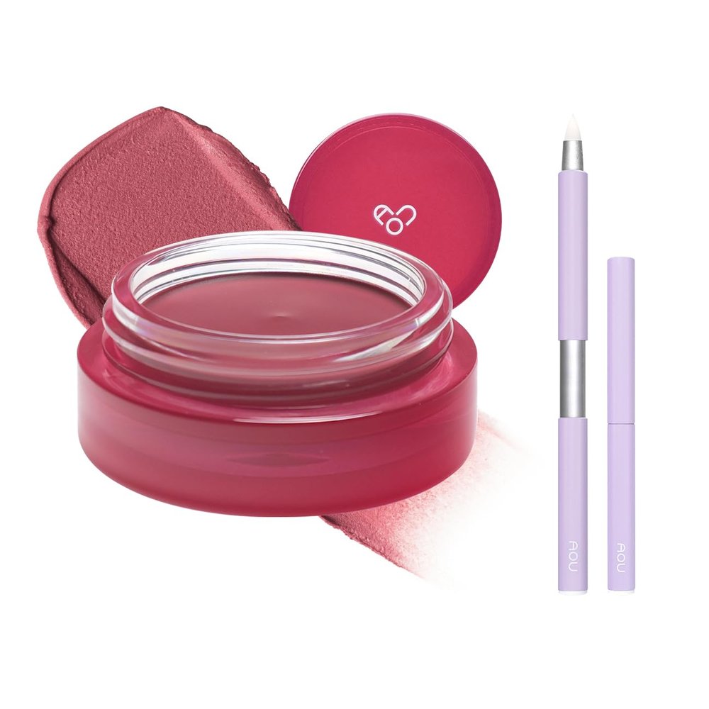 AOU FLOOFY MATTE BALM x Lip Brush - 03 Cotton Balm & Pencil Brush | Tinted Balm Blusher for Lips and Cheeks,