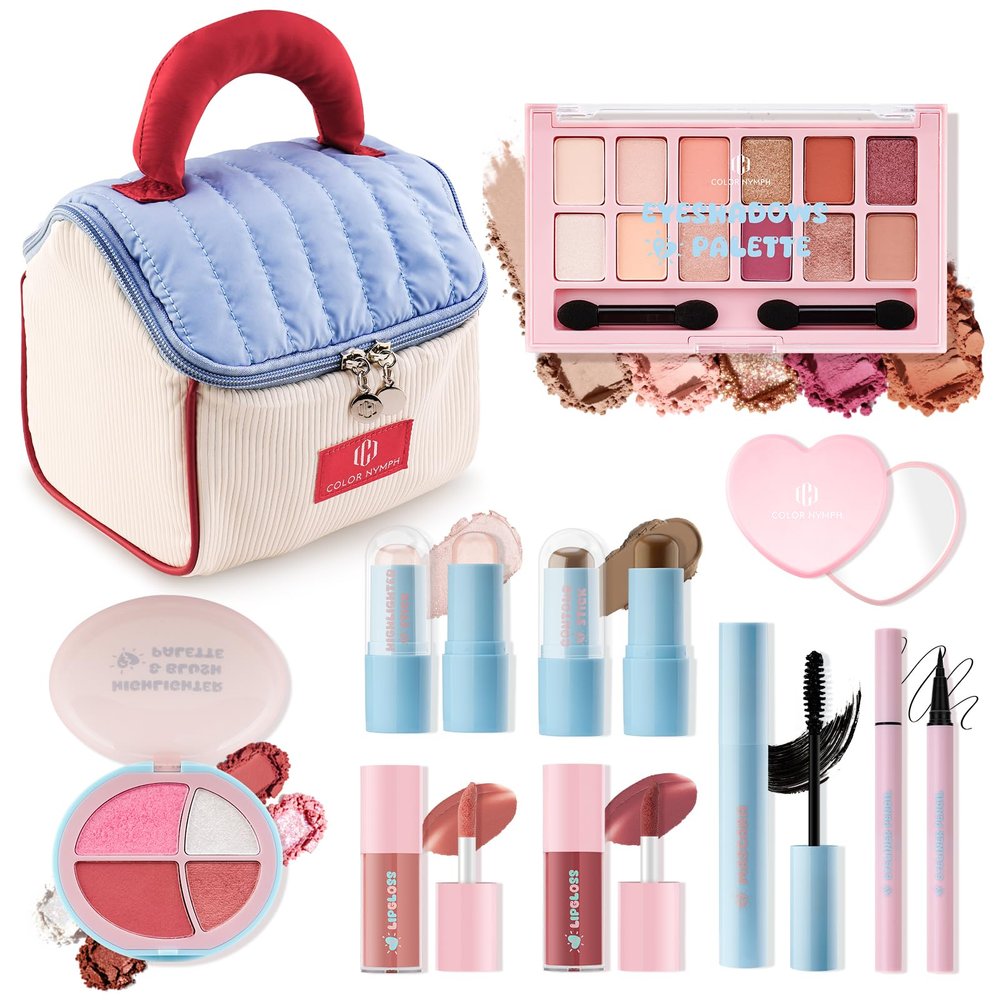 Color Nymph Girls Makeup Kit For Teen Girls & Women with Cutie Pie Handbag, All In One Girl Makeup Sets for Women Full Kit with Eye shadow, Face Blush Contour Highlighter Lipgloss Mascara and Mirror