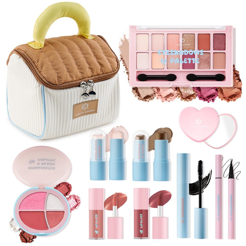 Color Nymph Makeup Sets For Teens Girls with Cutie Pie Handbag, All In One Girls Makeup Kits for Girl Women Full Kit Included Eyeshadow Blush Contour Highlighter Lipgloss Mascara Eyeliner and Mirror