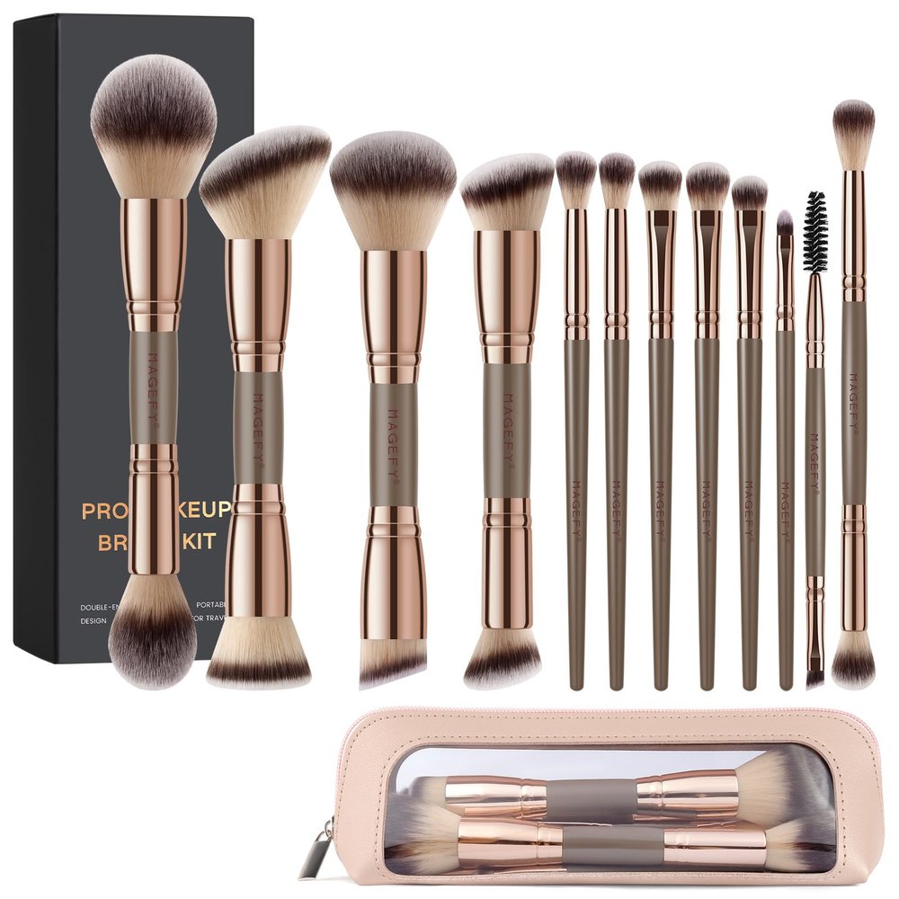 MAGEFY Makeup Brushes 12Pcs with Bag, Double-End Multi-functional for Foundation Powder Blush Eyeliner Eyeshadows brushes with Gift Box,Champagne