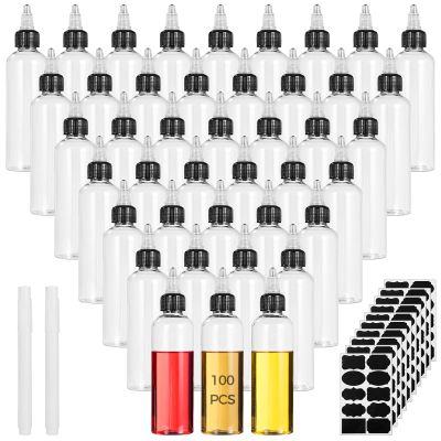 100 Plastic Squeeze Bottles, 4 Oz Boston Style Clear Dispensing Bottles, Twist Top Condiment Containers with 10 Labels and 2 Writing Pens