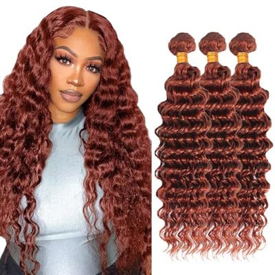 Color #33 Human Hair Bundles Copper Red Deep Wave Bundle 24 26 28 Inch Brazilian Virgin Hair 3 Bundles Reddish Brown Deep Wave Bundle Hair Weave 300g