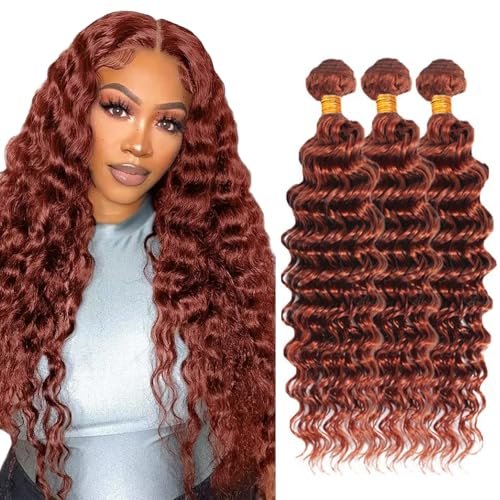Color #33 Human Hair Bundles Copper Red Deep Wave Bundle 24 26 28 Inch Brazilian Virgin Hair 3 Bundles Reddish Brown Deep Wave Bundle Hair Weave 300g