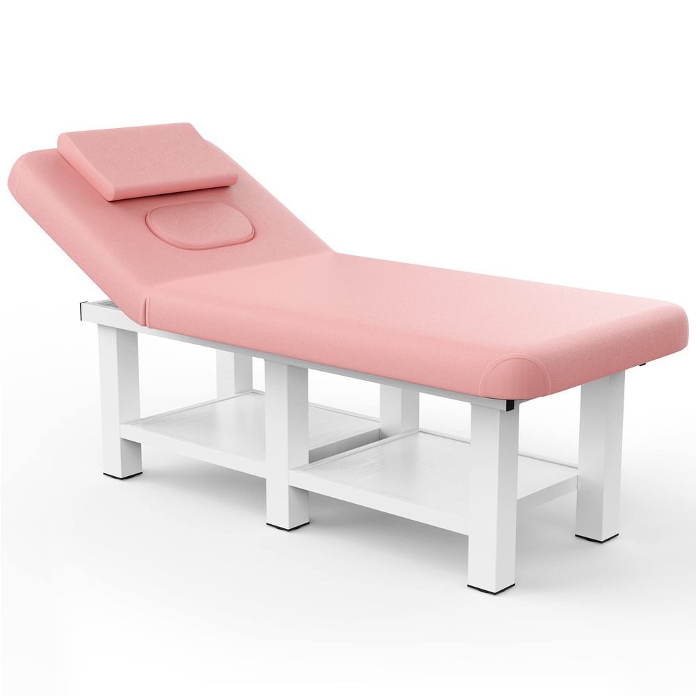 Stationary Massage Table with Backrest and Storage Space, 6 Square Legs Metal Frame PU Leather, 31.5'' Wide 75'' Long for Treatment Table Physical Therapy Table Spa Facial Bed, Pink