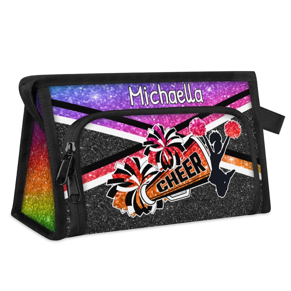 Skonsati Custom Cheer Makeup Bag Cheerleader Gifts Personalized Travel Toiletry Pouch Portable Cosmetic Organizer for Cheerleaders Makeup Bag, Glitter Rainbow