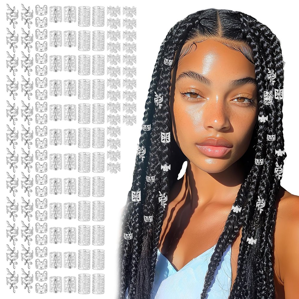 120Pcs Silver Hair Cuffs Charms Rings for Braids, Silver Hair Jewelry Clips for Braids, Dreadlock Accessories for Braid Women Men Festival Pirate Jewelry Decorations