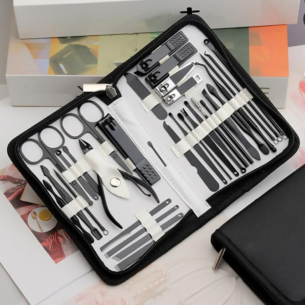 YUSIWOAL Stainless Steel Set De Manicure Piezas with Leather Case Nail Clipper Kit,Dark Gray