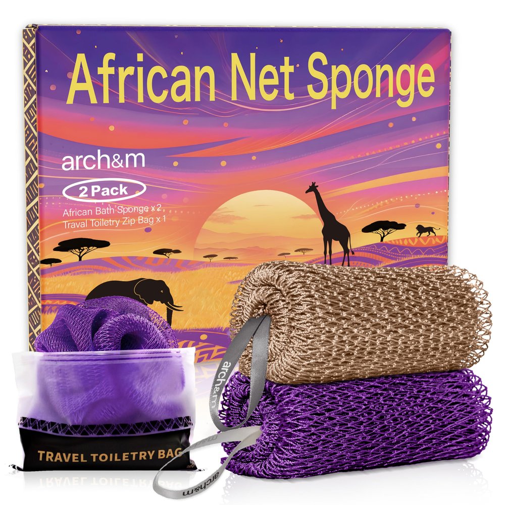 African Net Sponge Authentic Exfoliating - Authentic African Bath Sponges with Knots Exfoliating Body Scrubber for Women Back Scrub Exfoliator for Shower Bathroom Accessories Purple + Champagne ARCH&M