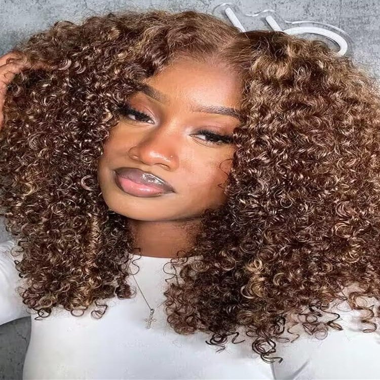 Curlyme Pre-bleached Wear Go Glueless Highlights Ombre Kinky Curly Pre-cut Lace Wig Pre-plucked 7x5 Glueless Wigs Human Hair Beginner Friendly Natural Hairline 180% Lace Front Wigs Human Hair 20 Inch