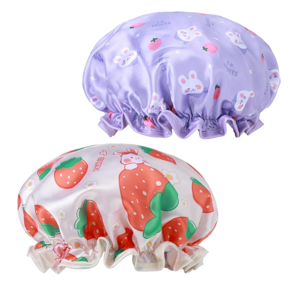 2 PCS Kids Shower Caps, Girls Shower Cap for Kid Waterproof Cute Rabbit Bonnets Elastic Band Bonnet Satin and Eva Soft Kid Sleeping Cap Hair Cover Hat Reusable Caps for Kids(Yellow & Purple)