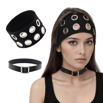 MILAKOO Grommet Hole Headband for Women Punk Goth Style Leather Choker for Y2K Costume Party Grunge Stretchy Hairband