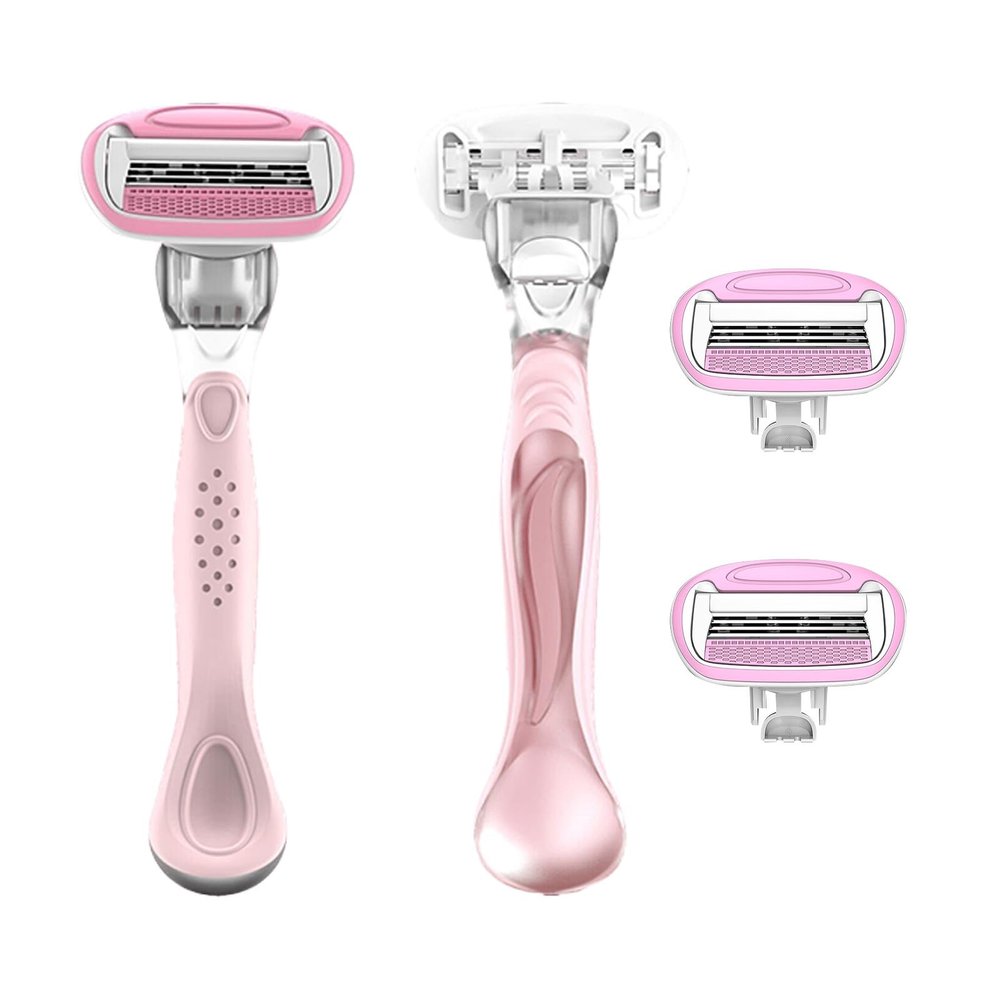 AOUGO Women's Travel Razor Set, Purple, Plastic Handle, 4-Blade System with 2 Refills and Case, Compact Portable Design for Sensitive Shaving (Pink)