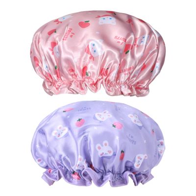2 PCS Kids Shower Caps, Girls Shower Cap for Kid Waterproof Cute Rabbit Bonnets Elastic Band Bonnet Satin and Eva Soft Kid Sleeping Cap Hair Cover Hat Reusable Caps for Kids(Pink & Purple)