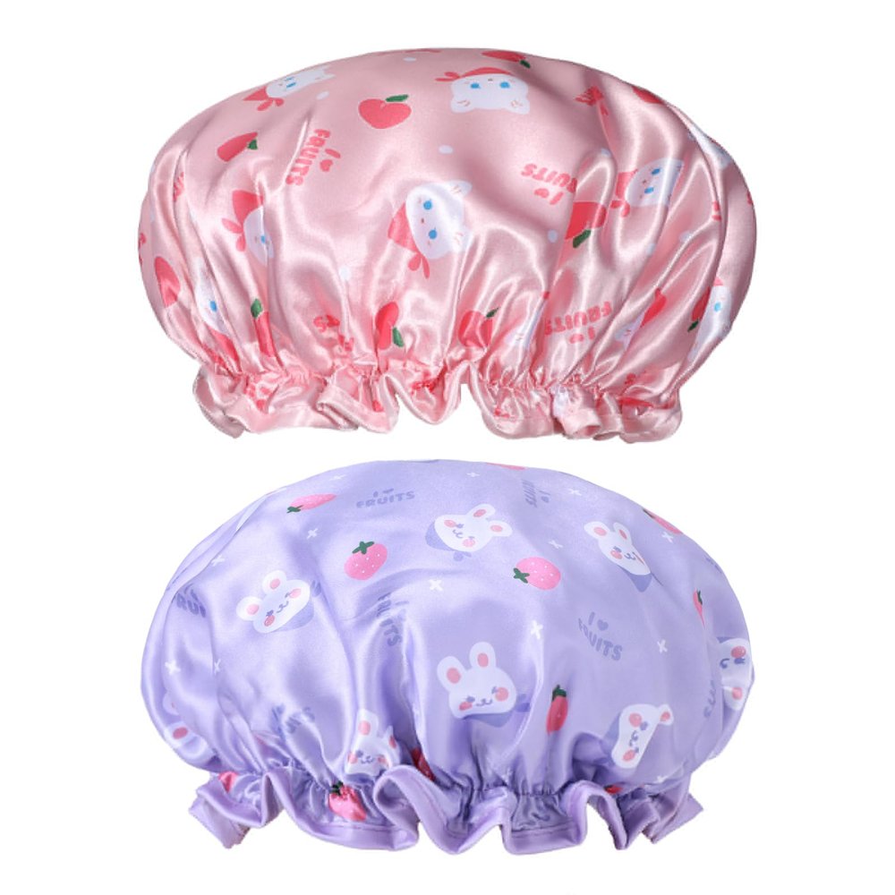2 PCS Kids Shower Caps, Girls Shower Cap for Kid Waterproof Cute Rabbit Bonnets Elastic Band Bonnet Satin and Eva Soft Kid Sleeping Cap Hair Cover Hat Reusable Caps for Kids(Pink & Purple)