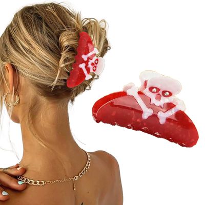 1Pc Halloween Skull Hair Claw Clips - Red Gothic Grace Design Fashion Cartoon Horror Hair Barrettes Hair Accessories Clamps Cosplay Halloween Party Decorations (Skull-Red)