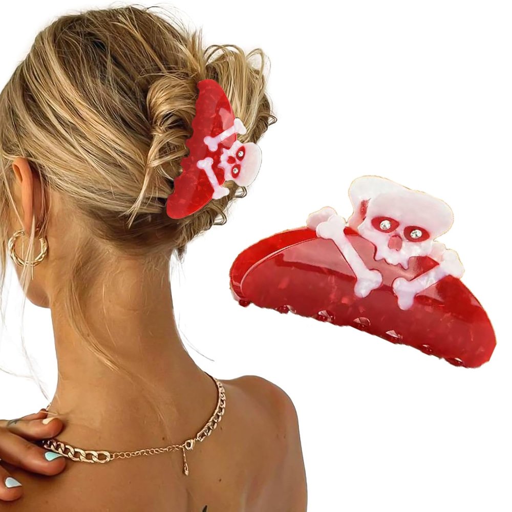 1Pc Halloween Skull Hair Claw Clips - Red Gothic Grace Design Fashion Cartoon Horror Hair Barrettes Hair Accessories Clamps Cosplay Halloween Party Decorations (Skull-Red)