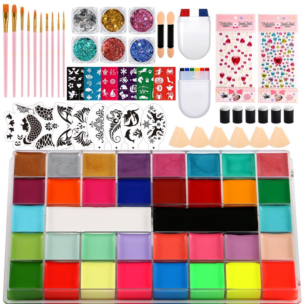 Face Painting Kit Professional Face Body Paint Oil Palette 36 Colors Include 8 UV Glow Colors Brushes Glitter Gel Sponges Facepaint Sticks Gems Stickers