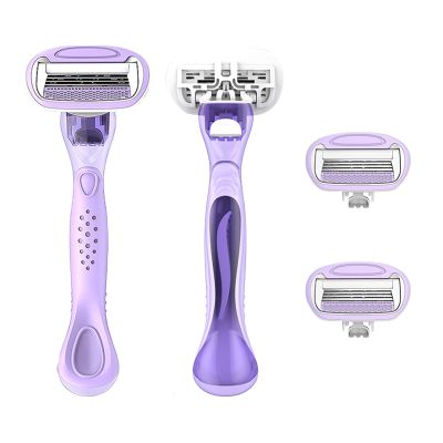 AOUGO Women's Travel Razor Set, Purple, Plastic Handle, 4-Blade System with 2 Refills and Case, Compact Portable Design for Sensitive Shaving (Purple)