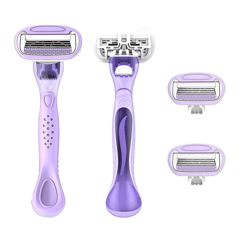 AOUGO Women's Travel Razor Set, Purple, Plastic Handle, 4-Blade System with 2 Refills and Case, Compact Portable Design for Sensitive Shaving (Purple)