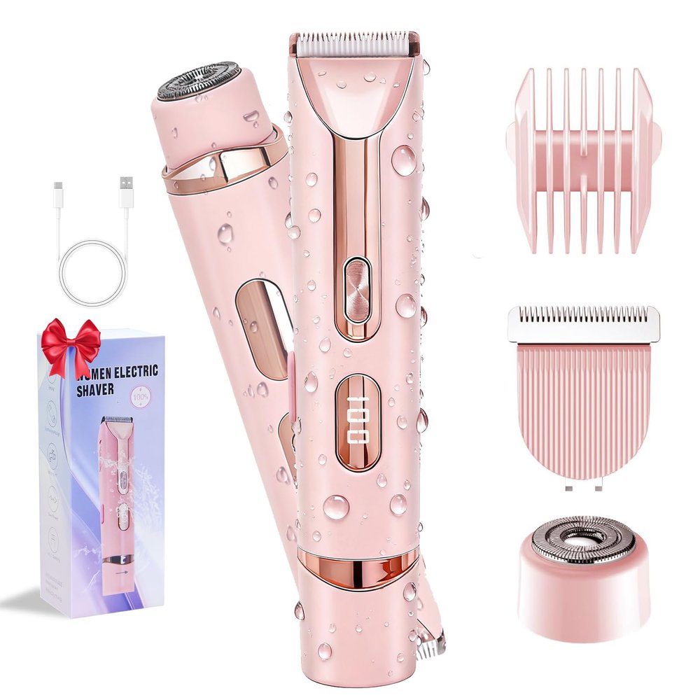 Bikini Trimmer for Women,2-in-1 IPX7 Waterproof Electric Shaver,USB Cordless Painless Electric Razors with LED Display for Legs Bikini Facial Hair Removal, Body Wet&Dry Use Razor Kit for Lady Grooming