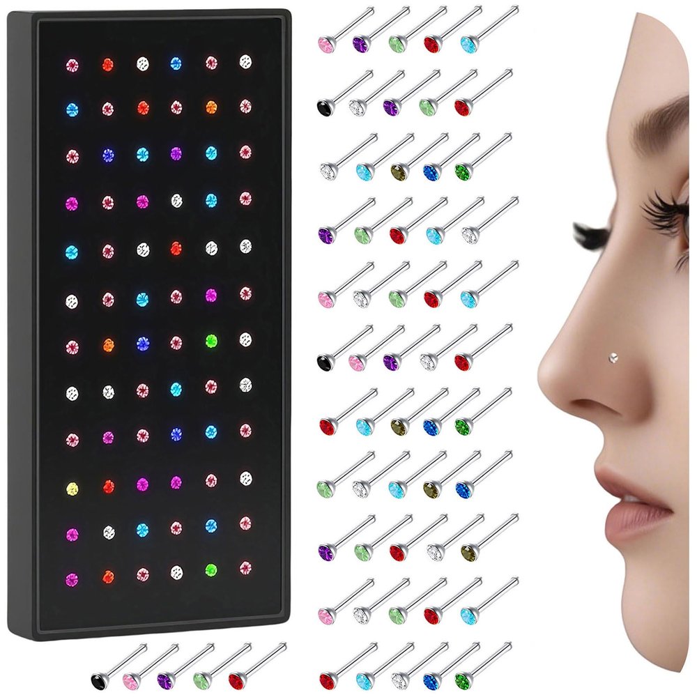 316L Surgical Steel 20g Nose Rings Studs 1.5mm 1.8mm 2mm CZ Nose Screw Studs Rings Body Jewerly for Women (60Pcs Color)