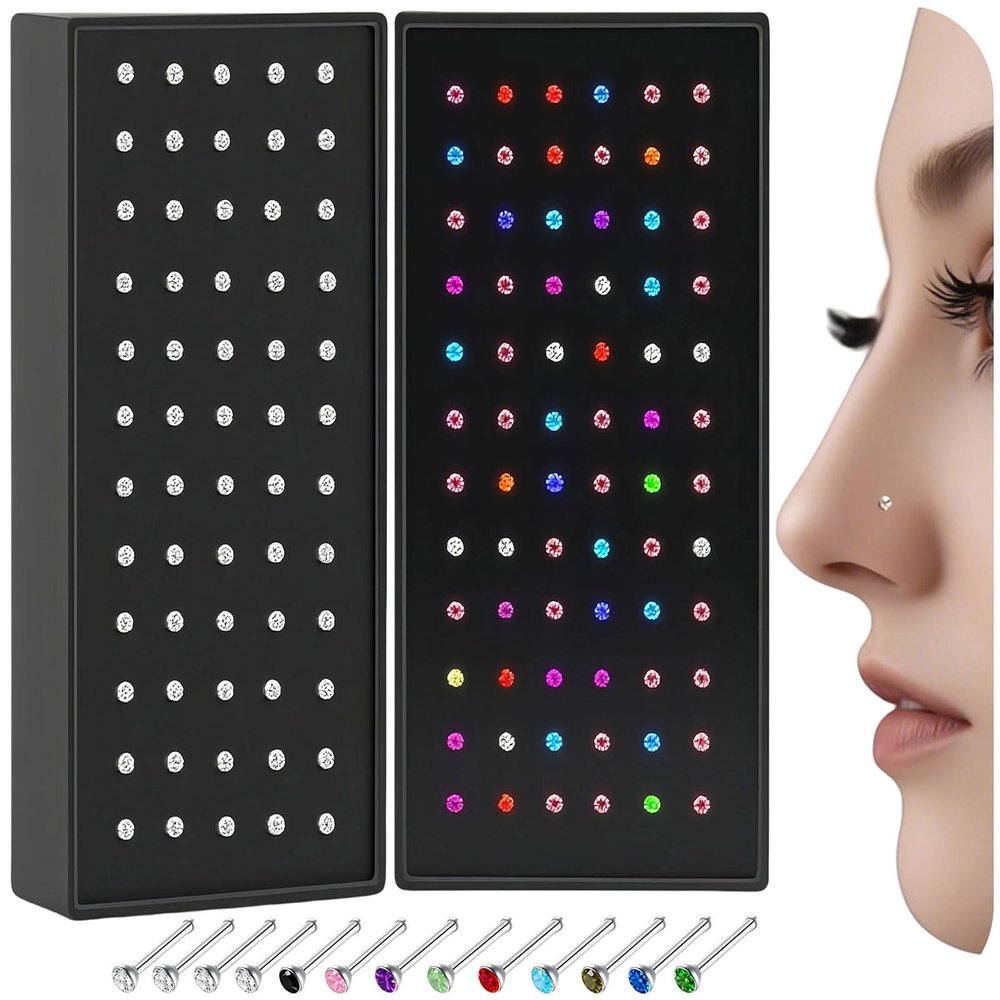 316L Surgical Steel 20g Nose Rings Studs 1.5mm 1.8mm 2mm CZ Nose Screw Studs Rings Body Jewerly for Women (120Pcs White+Color)
