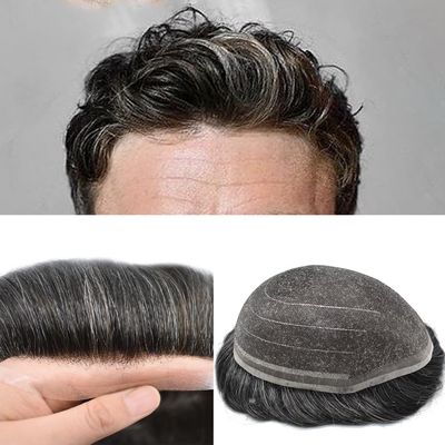 Hair Wonders Mens Toupee Human Hair Pieces Systems for Men Hairpieces Fine Welded Lace Hair System Toupee for Men Replacement Natural Breathable 8X10#1B30 Off Black+30% Grey 90% Density
