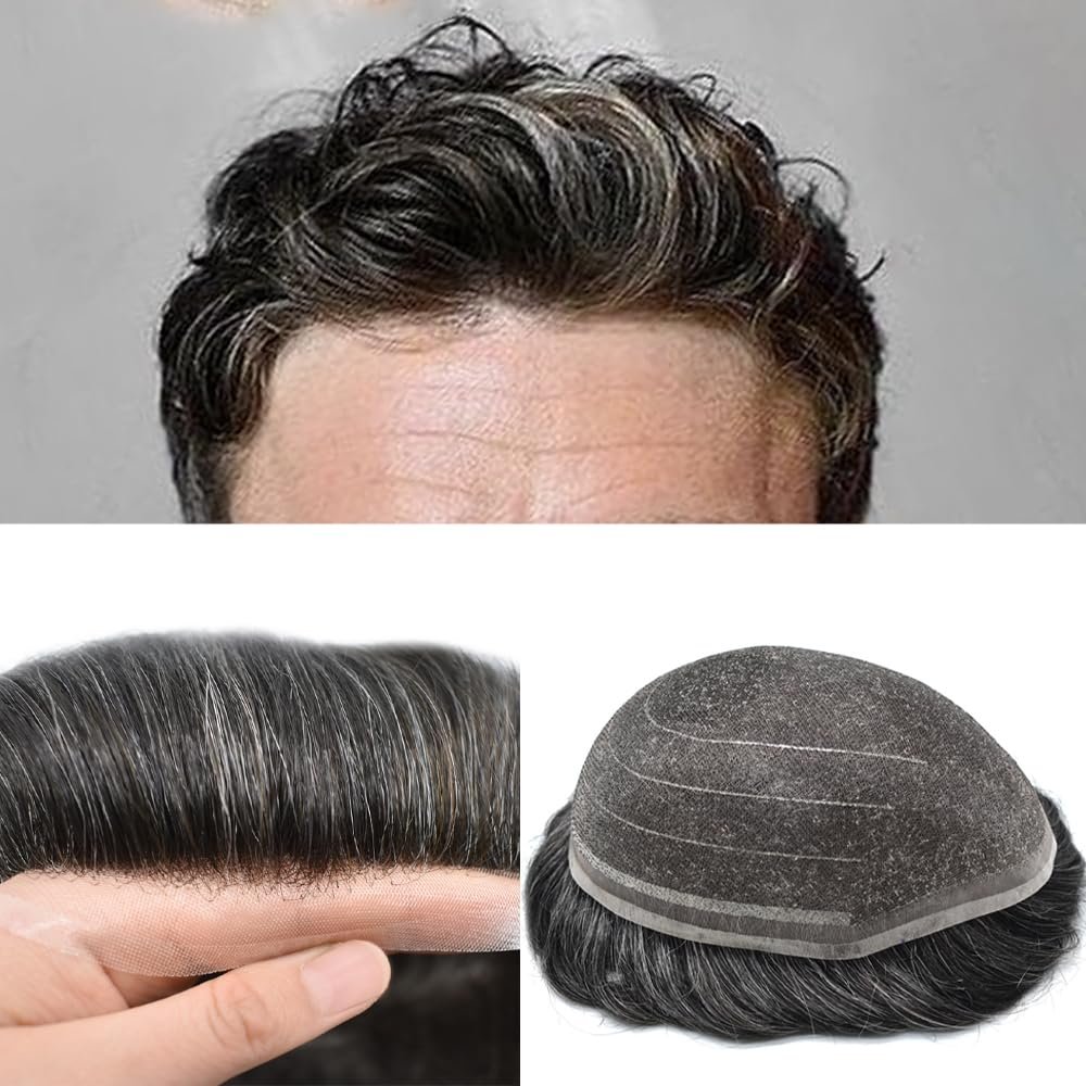 Hair Wonders Mens Toupee Human Hair Pieces Systems for Men Hairpieces Fine Welded Lace Hair System Toupee for Men Replacement Natural Breathable 8X10#1B30 Off Black+30% Grey 90% Density