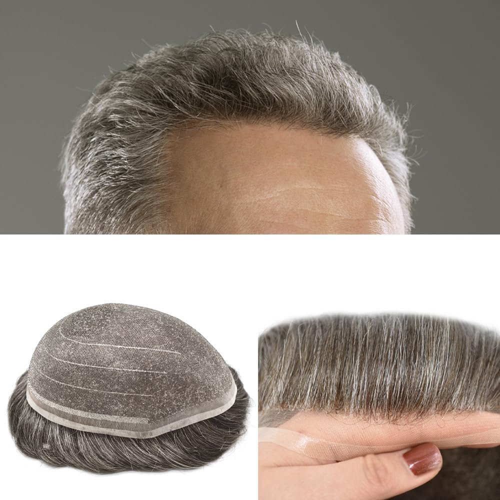 Hair Wonders Mens Toupee Human Hair Pieces Systems for Men Hairpieces Fine Welded Lace Hair System Toupee for Men Replacement Natural Breathable 8X10 80% Density #350 Dark Brown+50% Grey