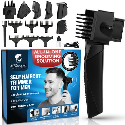 247 Groomed Self Haircut Kit for Men  Electric Hair Trimmer for Men with Beard and Nose Trimmer, Foil Shaver, Safety Guard, Charging Cable, Oil and Brush  Complete Body Hair Grooming Set