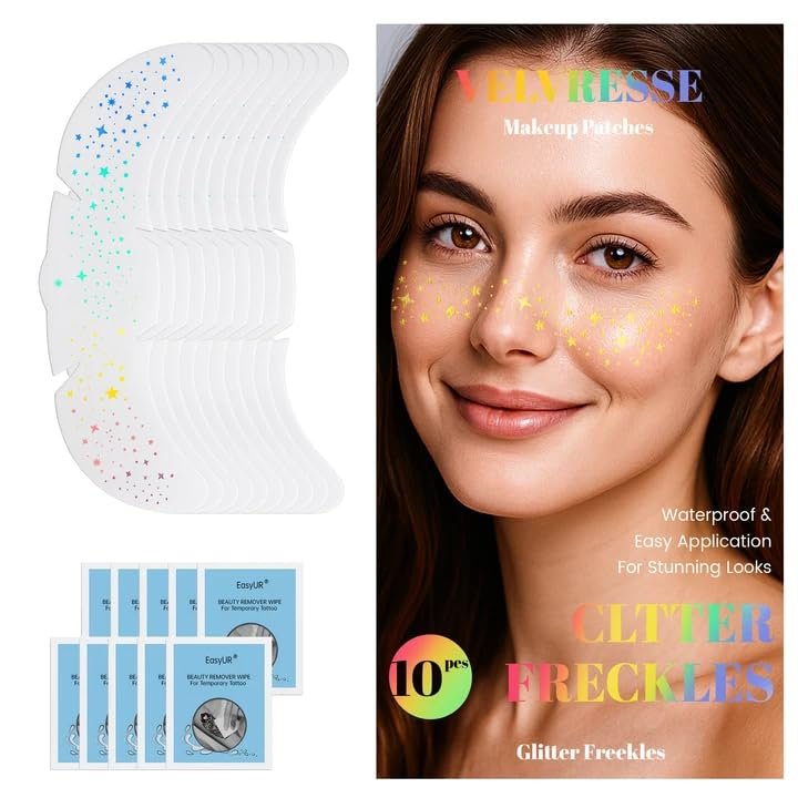 10 PCS parkle Freckles10 PCS Makeup remover wipesFace Freckles GlitterGlitter Freckles Face TattooSuitable for Children's Day, Concerts, Parties, Cosplay, Halloween