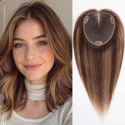 starluck 6x5 inch Large Swiss Base SilkHug 14 Inch Real Human Hair Toppers,60 Gram, 100% Real Human Hair Toppers for Women with thinning (Mixed Brown,T4/4/BC#, no Bangs)