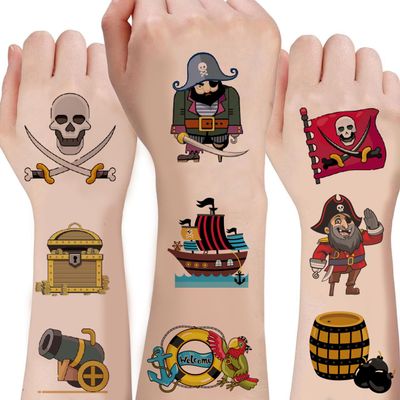100pcs Pirate Party Supplies Temporary Tattoos Cartoon Pirate Sticker for Nautical Birthday, Skull Crew, Treasure, Pirate Ship Kids Boys Home Activity Class Prizes Carnival Christmas Rewards