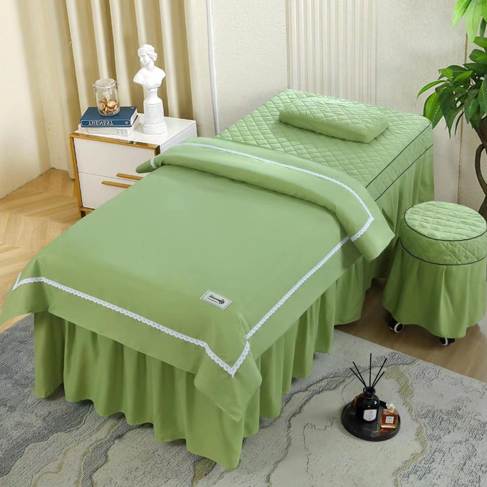 Green/a,60 * 180cm(R), 4 Piece Beauty Salon Bed Cover Quilted Massage Table Skirt SPA Couch Cover with Face Hole All-Round Wrap for Beauty Square Head Round Head Washable