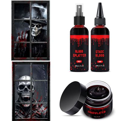 Halloween Fake Blood Makeup Kit 3PCS & Halloween Window Decorations 2PCS Blood Skeletons