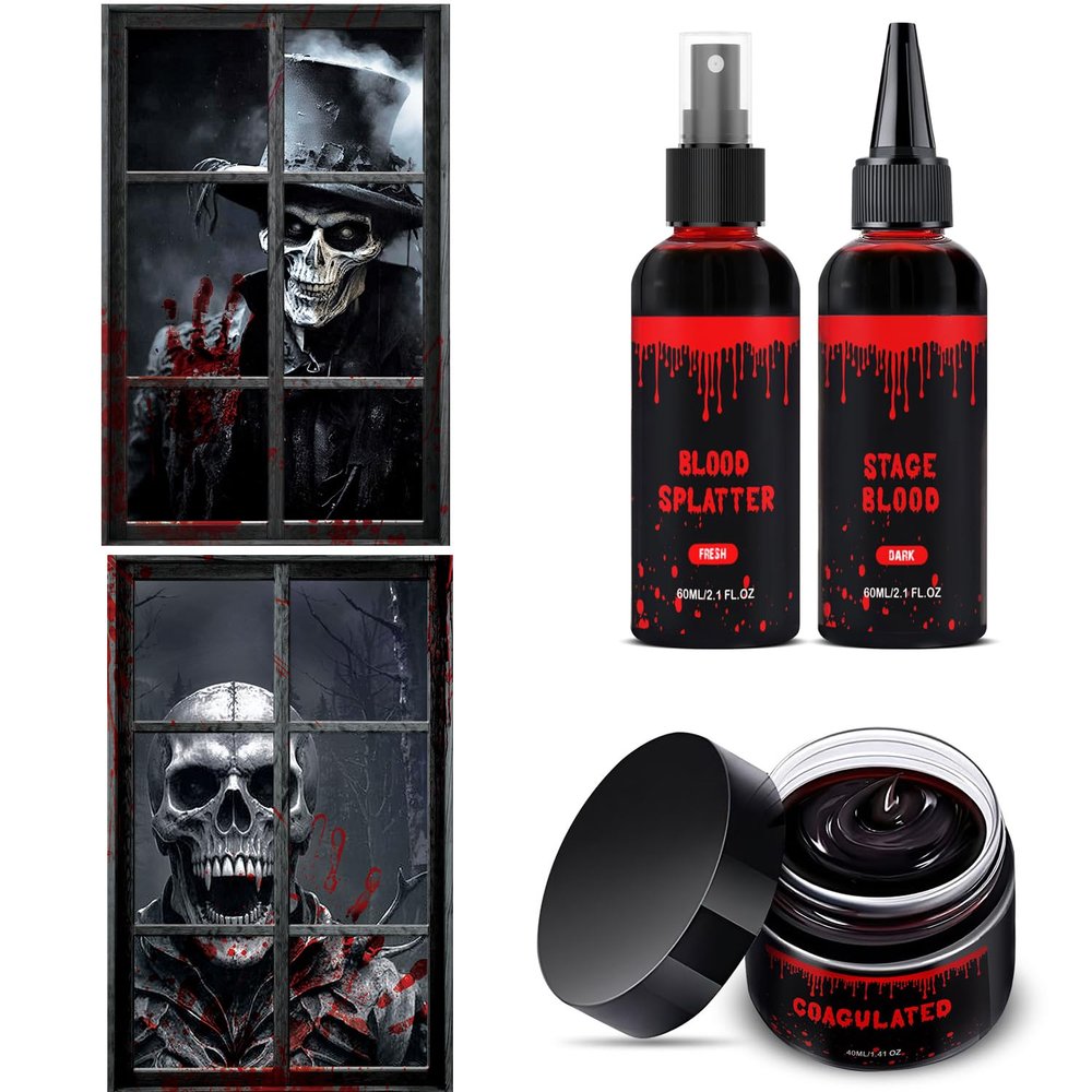 Halloween Fake Blood Makeup Kit 3PCS & Halloween Window Decorations 2PCS Blood Skeletons