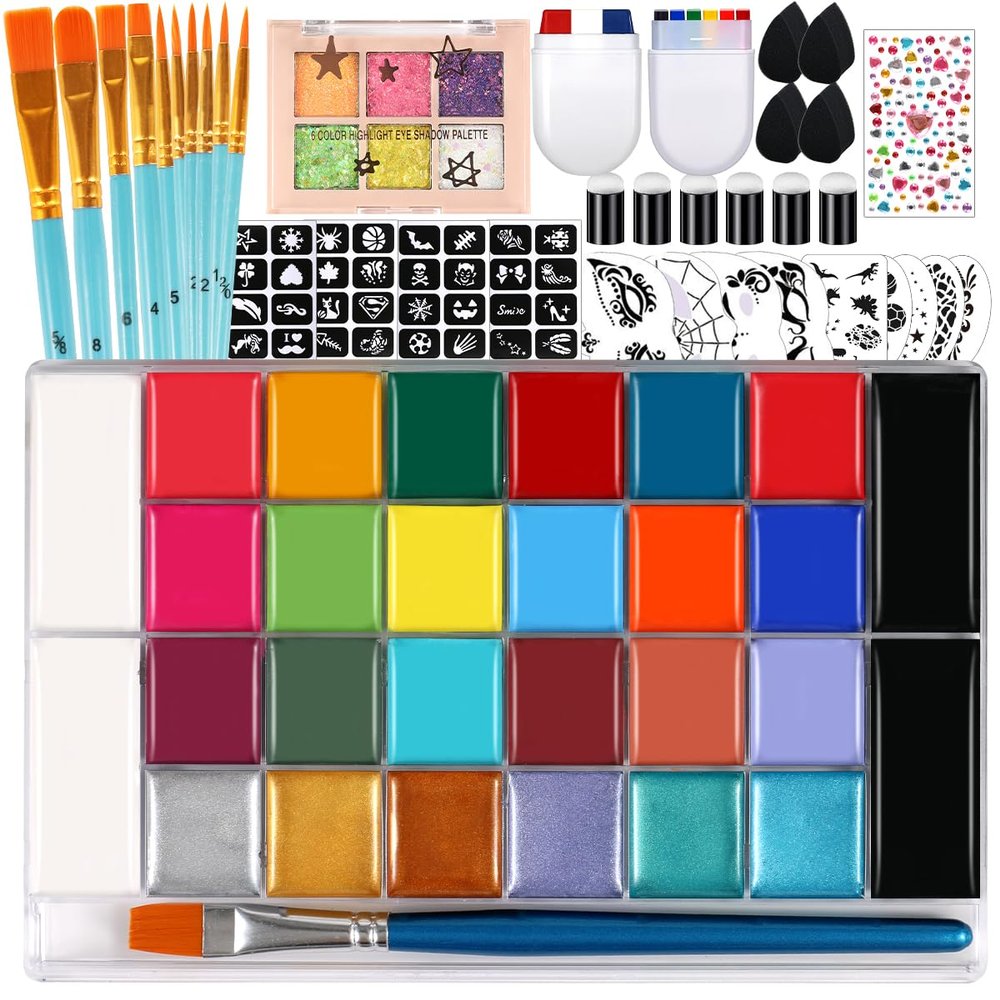 Face Painting Kit, 28 Colors Oil Palette Professional Face Body Paint Kit with 10 pcs brushes, 41 stencils, 10 sponges, 6 Glitter Gel, 2 Facepaint Stick for Adults Halloween Christmas