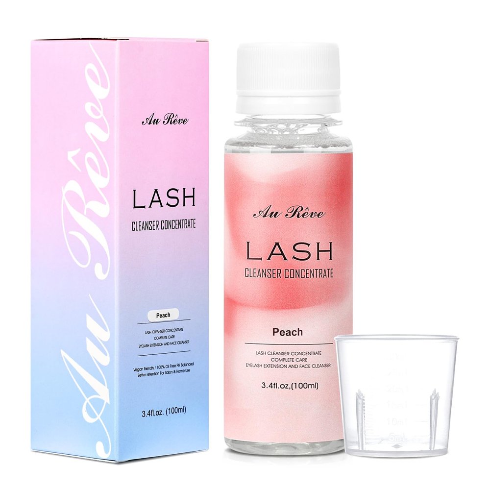 AuReve Eyelash Cleanser Concentrate 100ml Lash Shampoo Concentrate Lash Cleanser Oil-Free Eyelash Extension Shampoo with Salon Home Care -Makes 20 Bottles 60ml Foaming Cleaner, Peach
