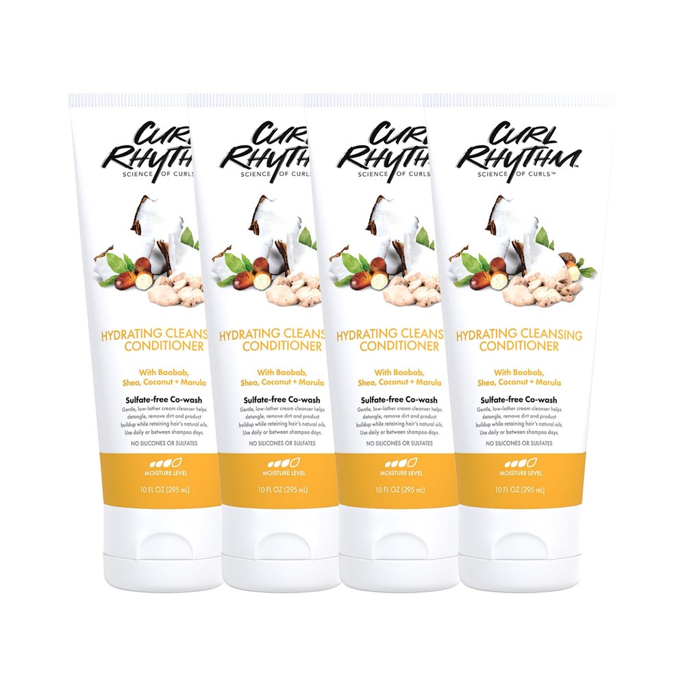 Curl Rhythm Hydrating Cleanser Conditioner - Co-wash with Shea, Marula, and Coconut - Curly Hair Conditioner - Removes Dirt and Buildup - 4 pc