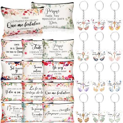 24 Pcs Spanish Christian Gift Set - 12 Women Makeup Bags Bulk & 12 Butterfly Keychains Inspirational Bible Verse Cosmetic Bags Religious Gifts for Women Regalos Religiosos Para Mujer En Espaol