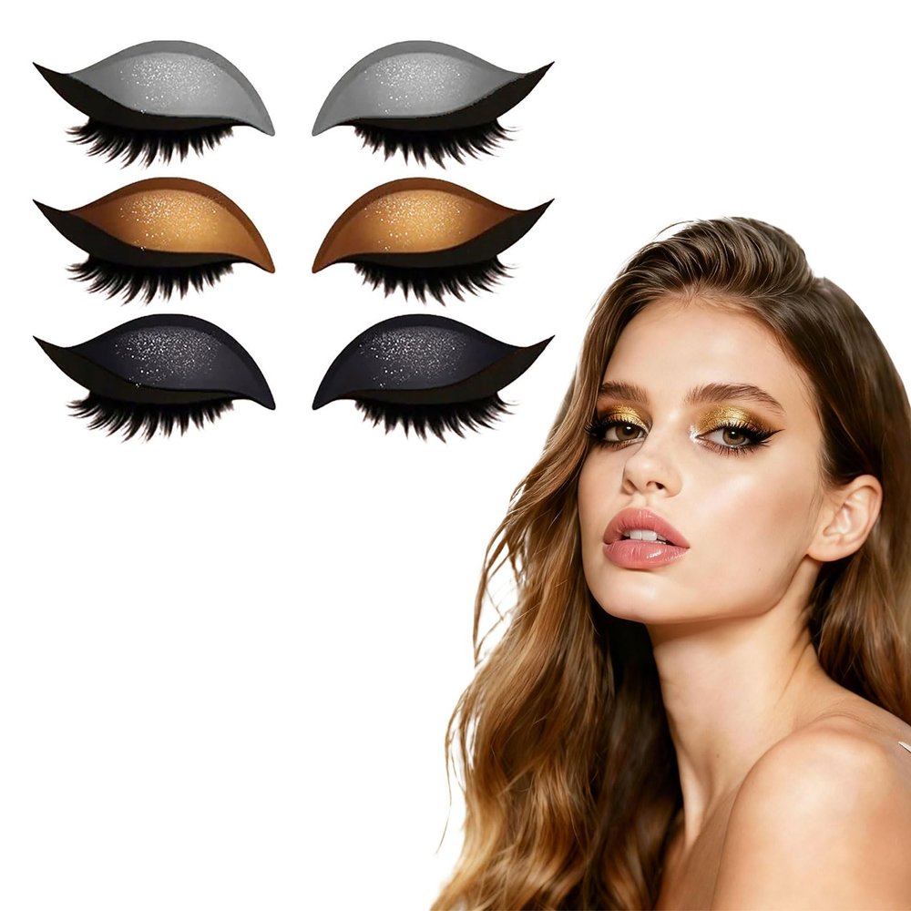 3 Pair Lazy Eye Shadow Eyelash Patch, 2025 New Eyeshadow Eyelash Stickers, 3-in-1 Self-Adhesive Reusable Eyeshadow Eyelash Suitable All Eye Shapes for Daily, Commuting, Dating(Black+Gold+Silver)