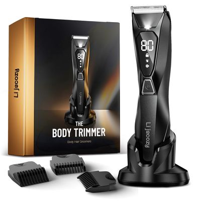 Lijecozy Pubic Hair Trimmer for Man - Cordless Body Hair Trimmer for Men - Electric Ball Shaver with Display & Light - Waterproof Wet/Dry Groomer kit for Groin - 4000K Light - Cosmic Black