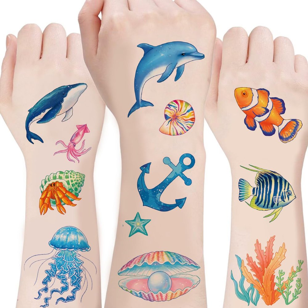 100 PCS Ocean Animal Shark Whale Temporary Tattoos for Kids Super Cute Themed Birthday Party Favors, Supplies, Decorations, Fake Tattoo Stickers