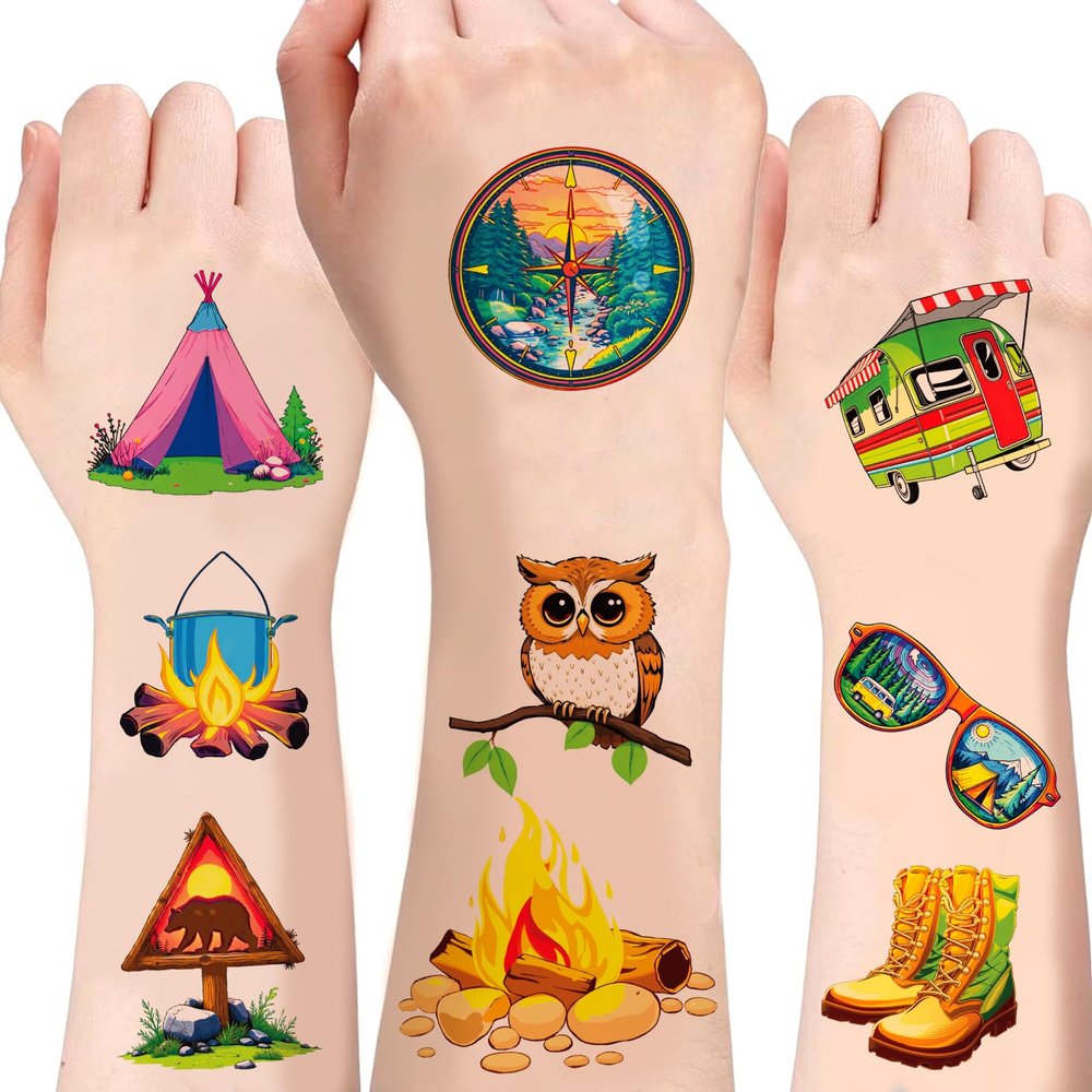 100PCS Camping Temporary Tattoos for Kids,Super Cute Camp Camper Campfire Themed Birthday Party Favors, Supplies, Decorations, Fake Tattoo Stickers