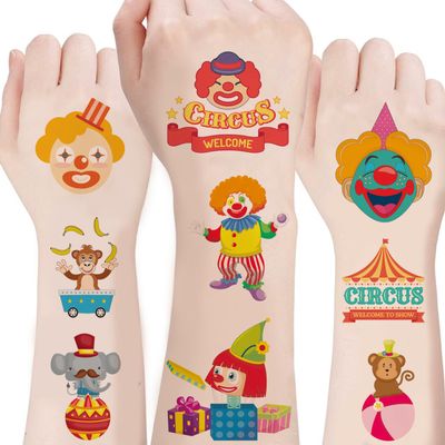 100PCS Carnival Circus Temporary Tattoos for Kids, Circus Themed Tattoos for Birthday Party Supplies Funny Clown Tattoo Stickers for Kids Boys Girls Party Bag Filler Christmas Rewards