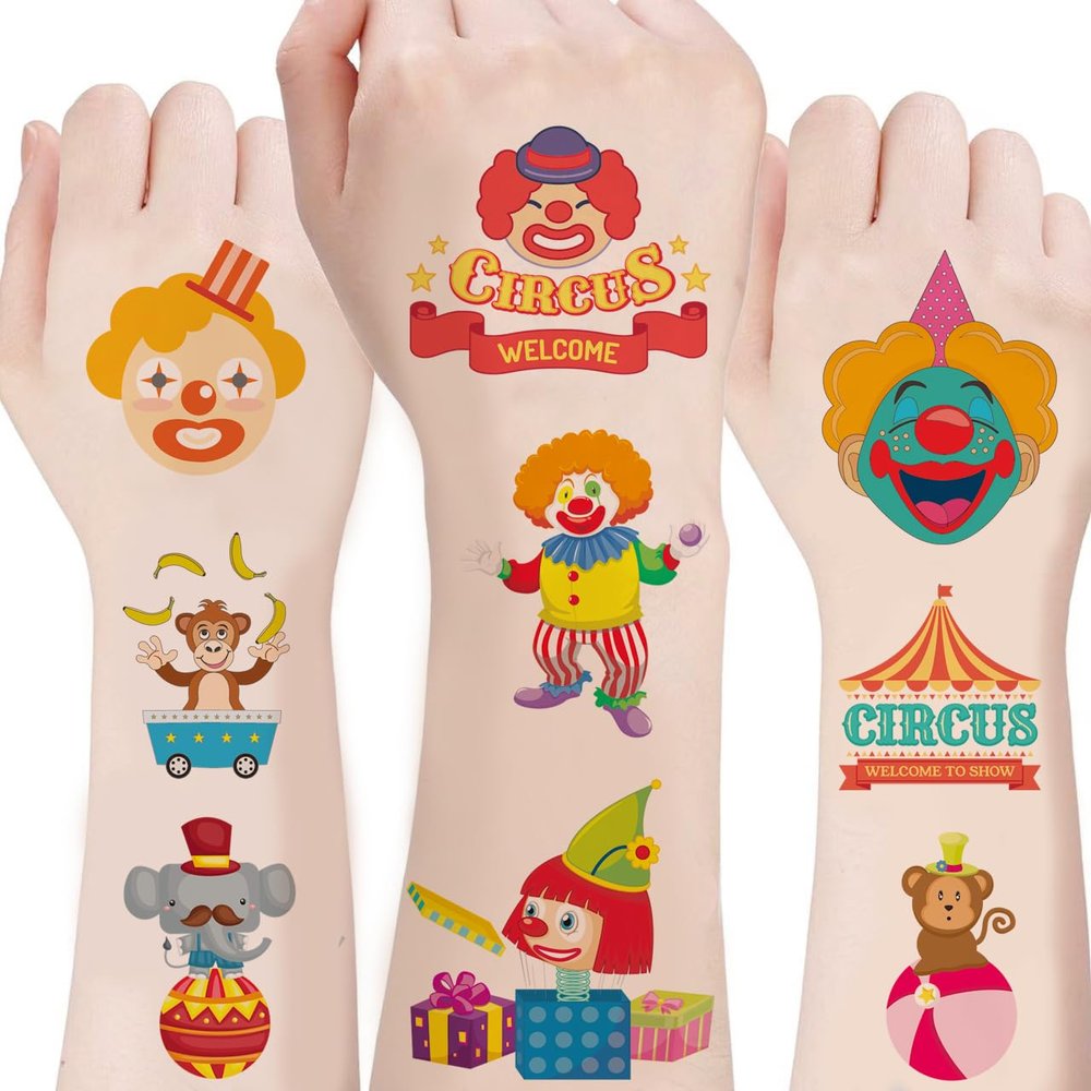 100PCS Carnival Circus Temporary Tattoos for Kids, Circus Themed Tattoos for Birthday Party Supplies Funny Clown Tattoo Stickers for Kids Boys Girls Party Bag Filler Christmas Rewards
