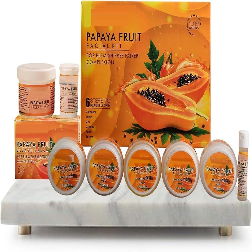 Natural Papaya Fruit Facial Kit, 6-Step Skincare Set with Bleach Cream, 250g + 43g