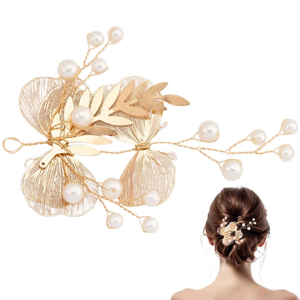 CABODYALS 1Pc Brides Wedding Head Barrette Gold Floral Pearl Hair Accessories Decorative Petal Shape Silhouette Flower Elegant Alloy Hair Piece for Women Evening Dress Rave Bridals Party Accessory