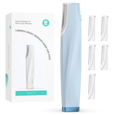 Sonic Dermaplaning Tool for Face - Rechargeable Dermaplane Razor with 6 Refill Dermablades, Facial Hair & Peach Fuzz Remover for Women (Blue)