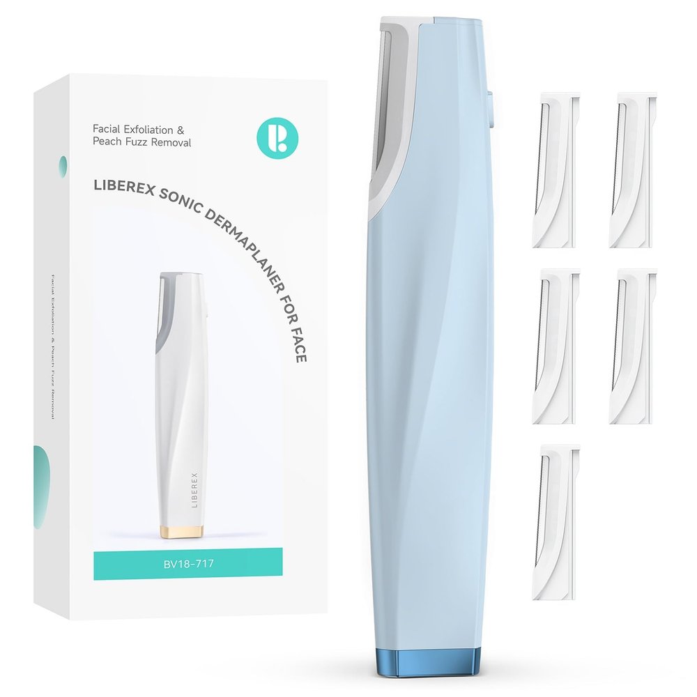 Sonic Dermaplaning Tool for Face - Rechargeable Dermaplane Razor with 6 Refill Dermablades, Facial Hair & Peach Fuzz Remover for Women (Blue)